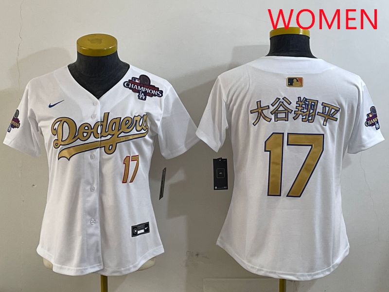 Women Los Angeles Dodgers #17 Ohtani White Champion gold character 2025 Nike MLB Jersey style 9